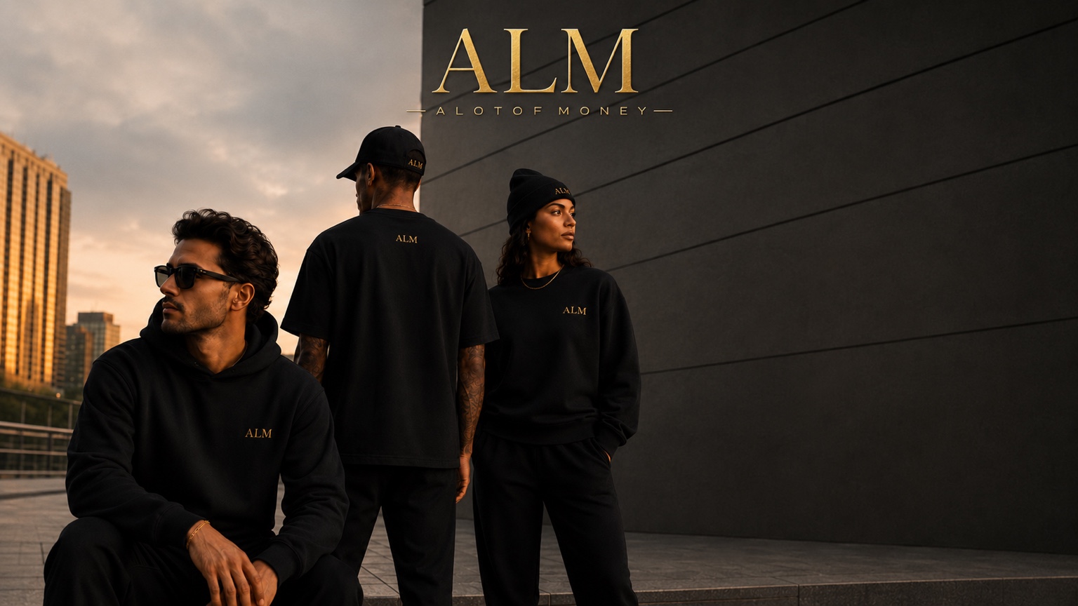 Models wearing the black and gold ALM hoodie, T-shirt and sweatshirt collection